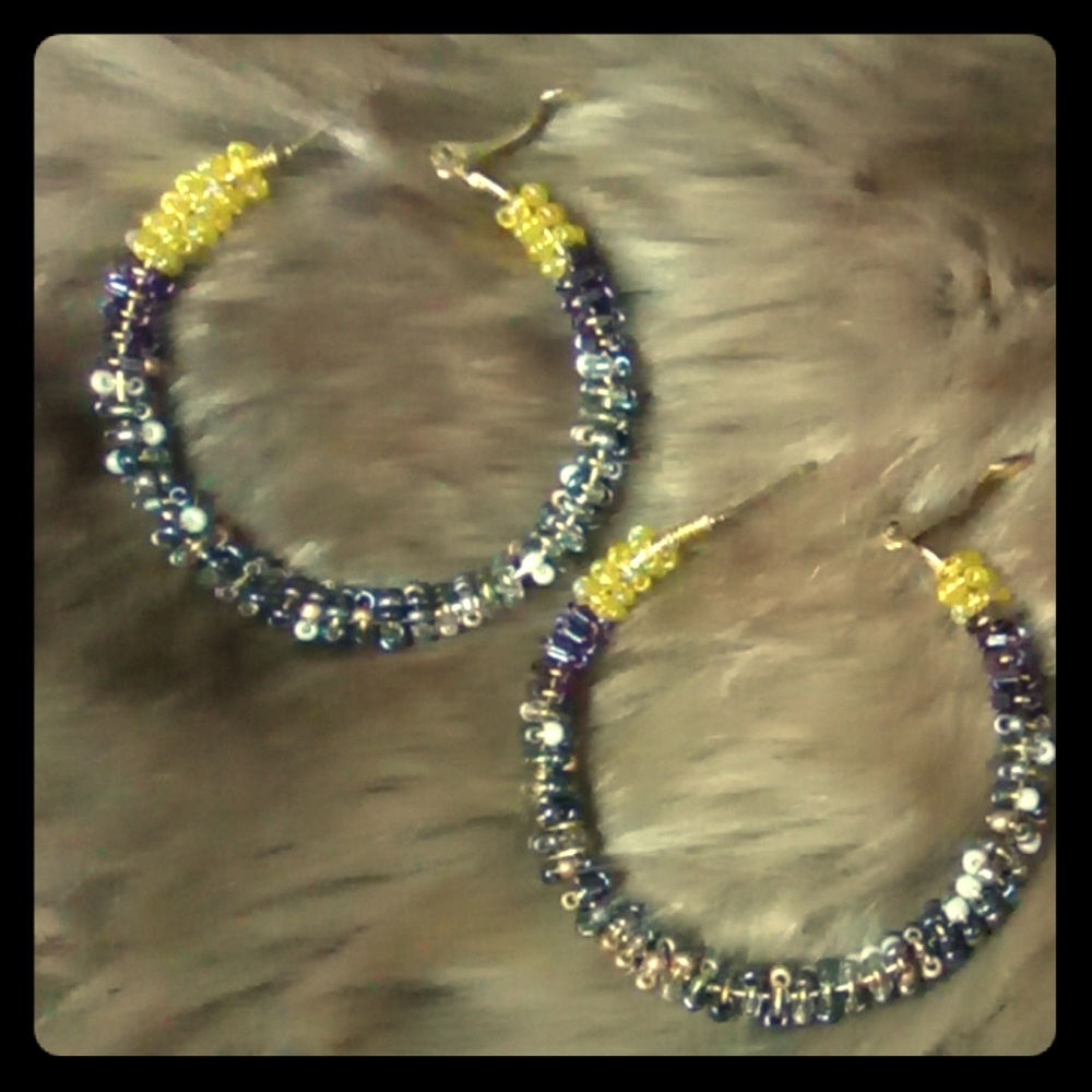 Yellow + Gray + Purple Medium Hoop Earrings NWT